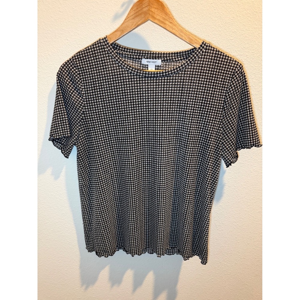 Nine West Womens Black White Houndstooth Lettuce Edge Crew Neck Top Medium